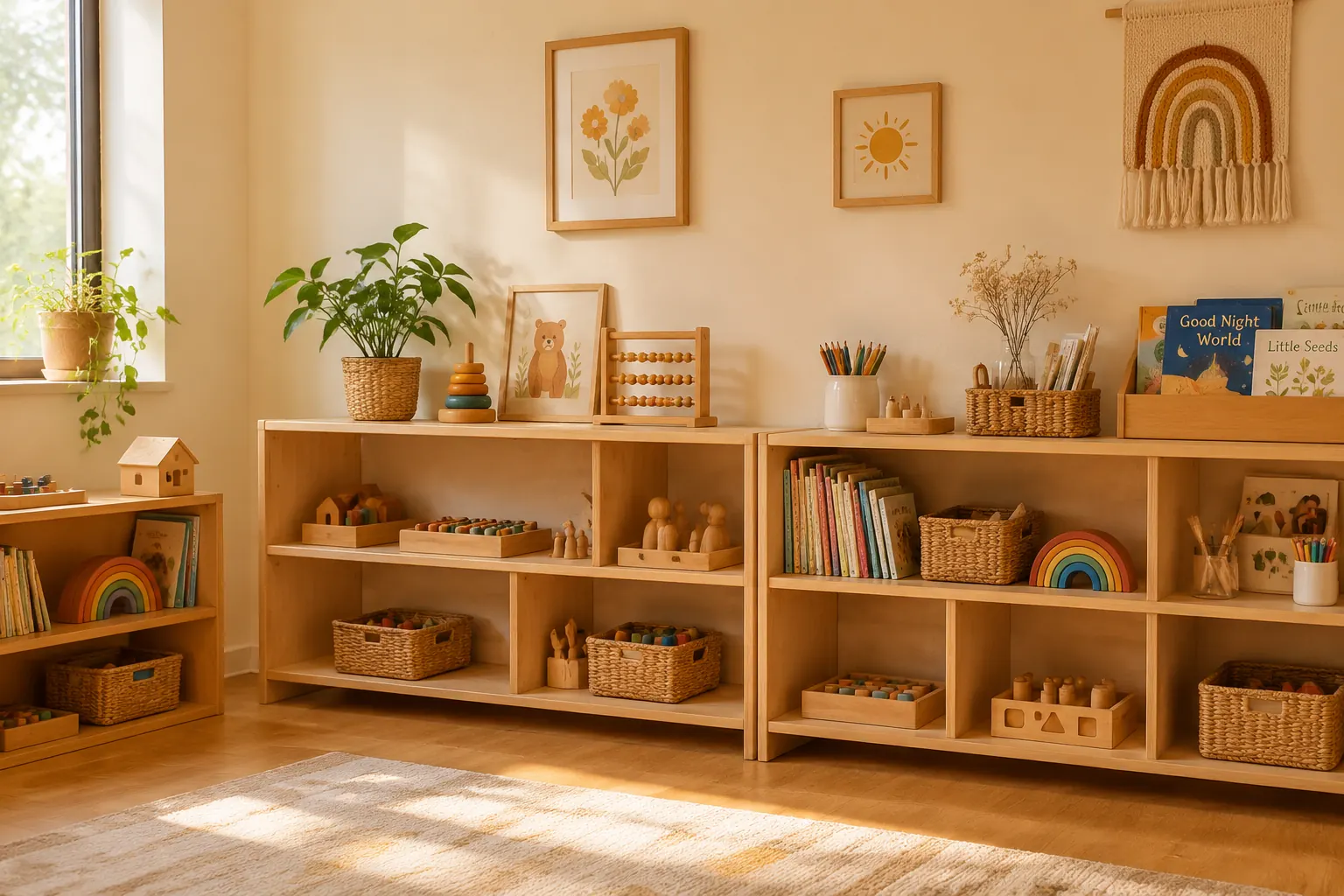 Regale mit Holzspielzeug, Körben und Bastelmaterialien