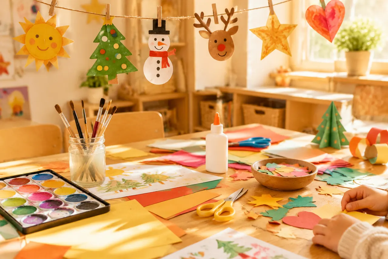 Materialtisch einer Ferienwoche mit Farben, Papier und Werkzeug