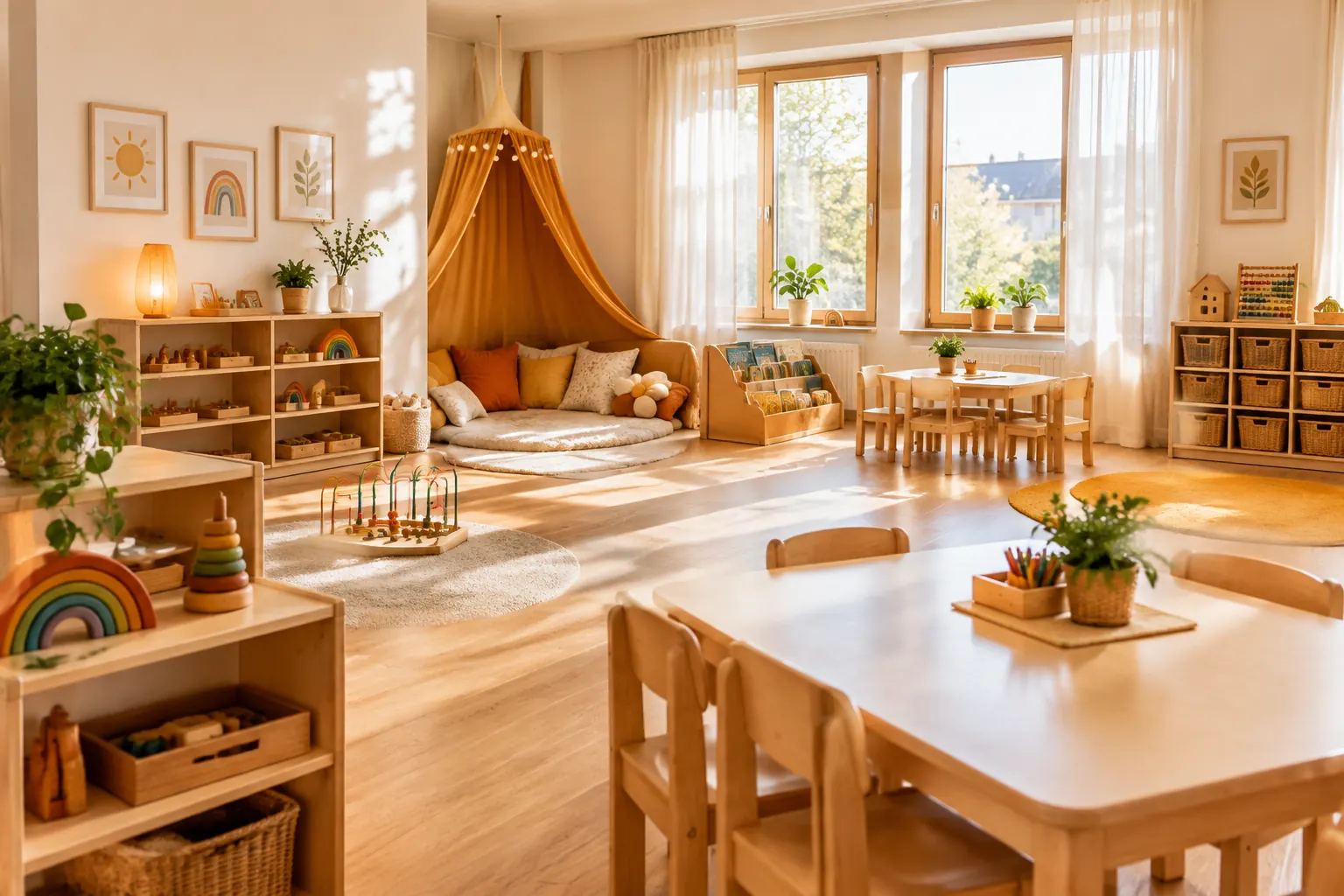 Heller Betreuungsraum mit Holzspielzeugen, Kuschelecke und warmem Licht