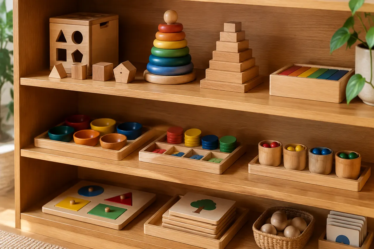 Offenes Holzregal mit Montessori-Materialien
