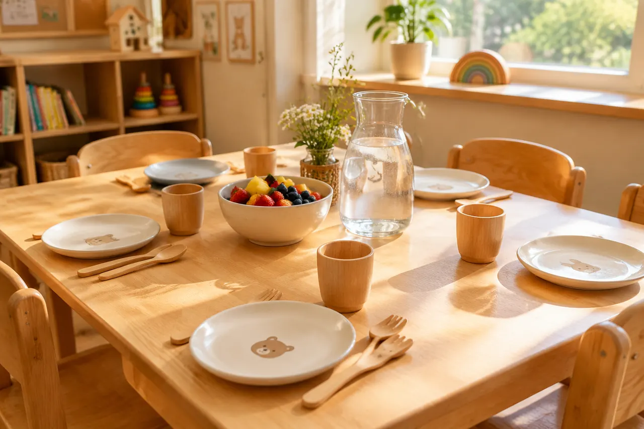 Gedeckter Esstisch mit Tellern, Bechern und Obstschale