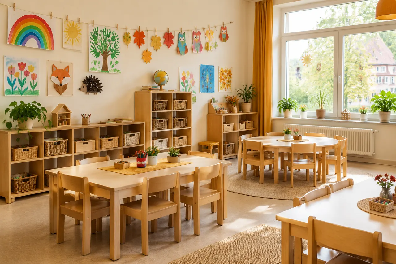 Gruppenraum mit Kreativwand, Holzregalen und Tageslicht